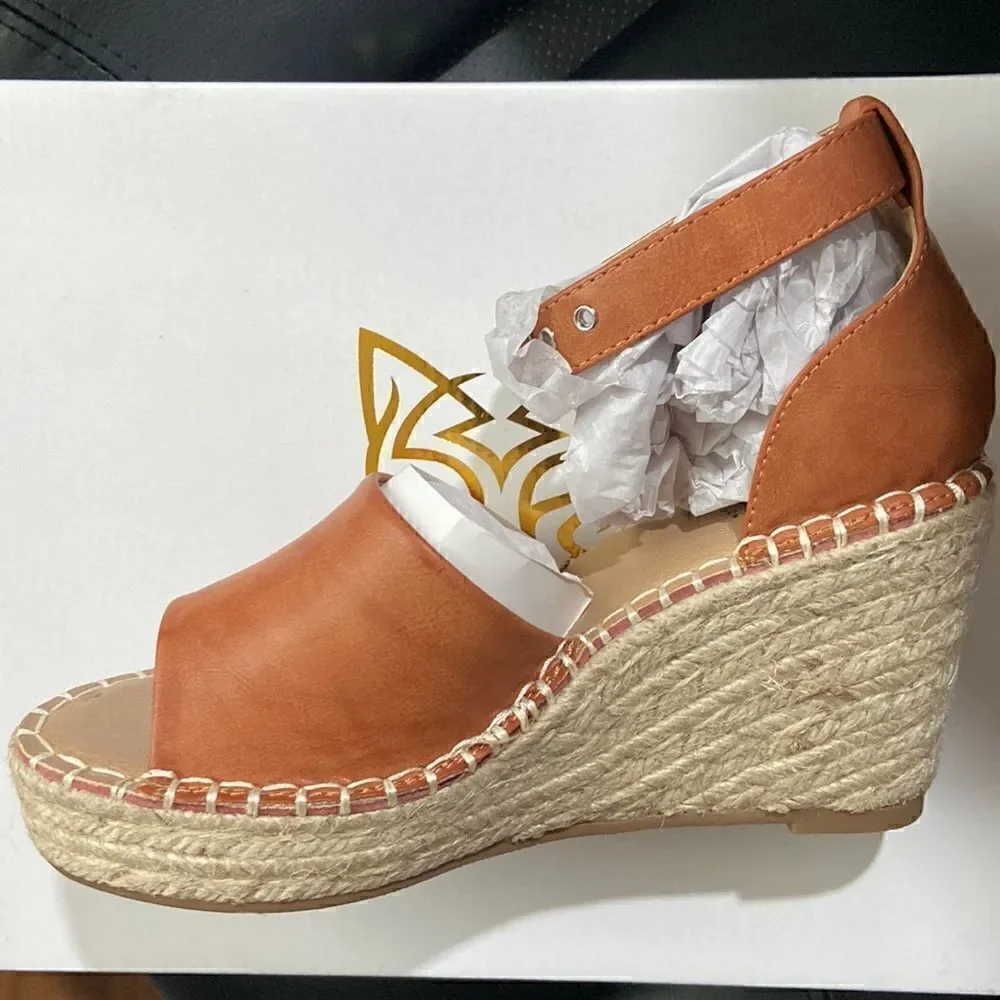 68. Beautiful Brown/Tan Faux Leather Wedges with Beige Rope detail on the Wedge